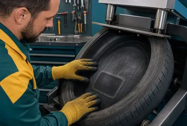 Equipamento de vulcanização de pneus em funcionamento na borracharia.