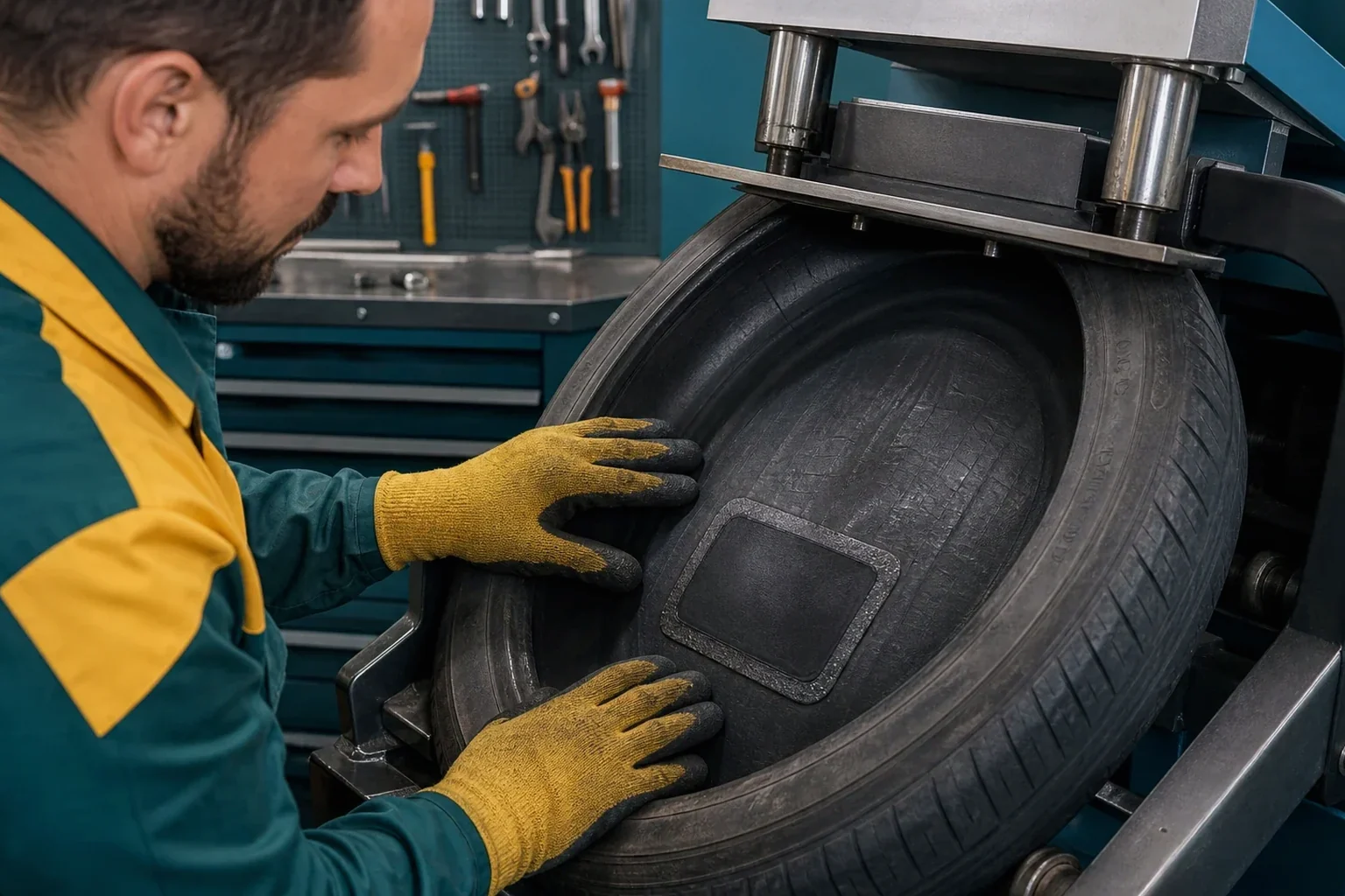 Equipamento de vulcanização de pneus em funcionamento na borracharia.
