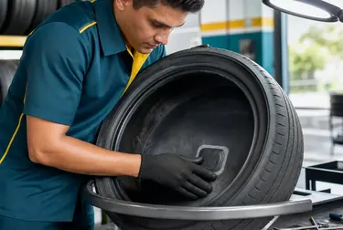 Mecânico consertando pneus em borracharia.